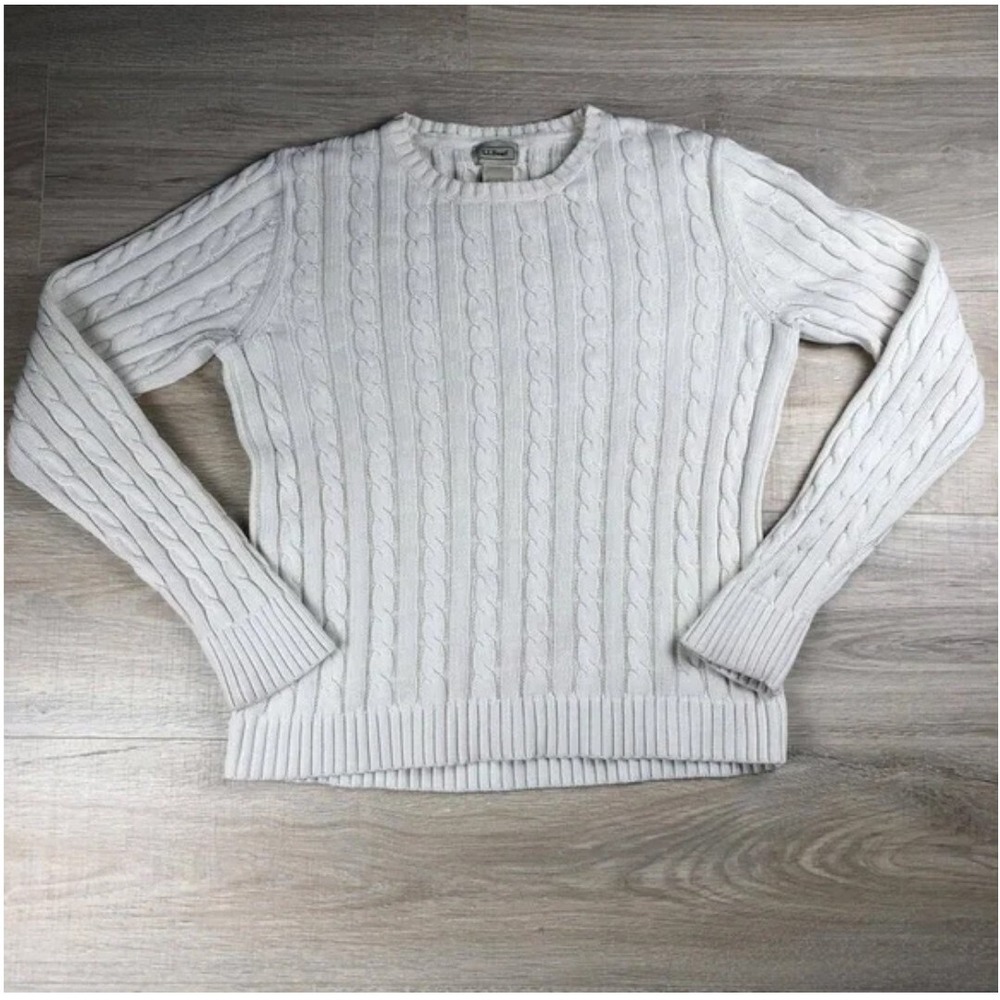 Vintage L.L. Bean Womenโs Cable Knit Sweater Ivory Cream Pullover Size M